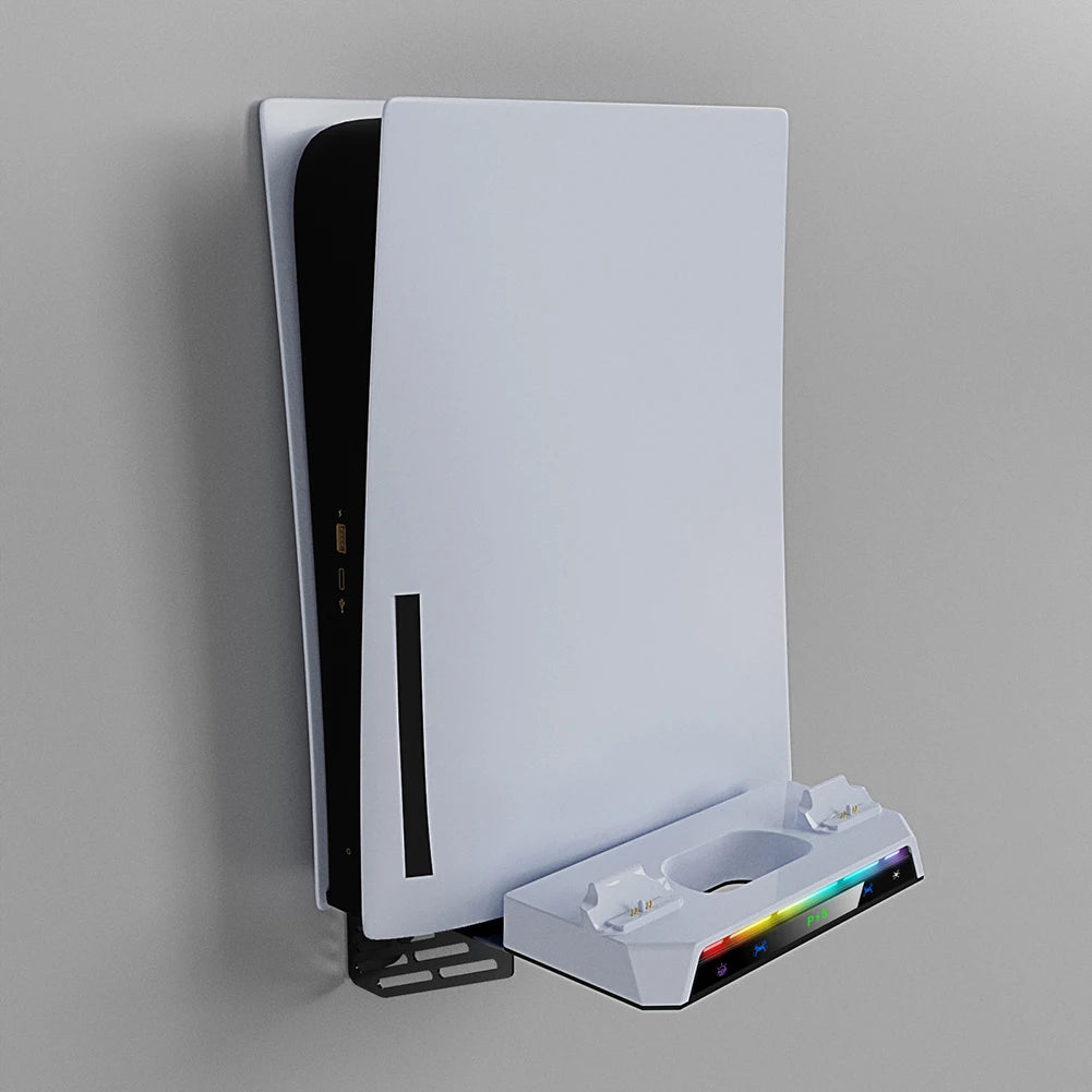 PS5 & PS5 Slim Wall Bracket Dual Controller Charger – RGB LED Metal Wall-Mounted Stand for Disc & Digital Editions