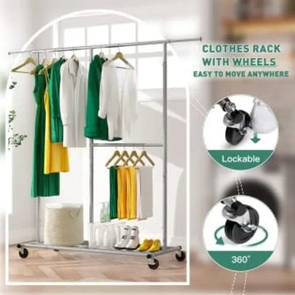 Heavy Duty Rolling Clothing Rack – Portable Clothes Hanger with Wheels for Walk-In Closets