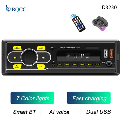 BQCC 1 Din Bluetooth Car Stereo - MP3 FM Radio with USB, TF, AUX, Dual USB & 7-Color LED Lights