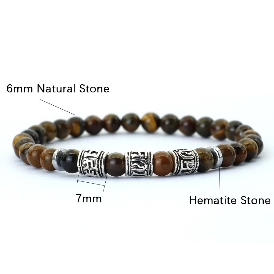 Noter Mantra Bracelet for Men – 6mm Howlite, Lava, and Tiger Eye Beads, Viking Accessories, Tibetan Bracelet