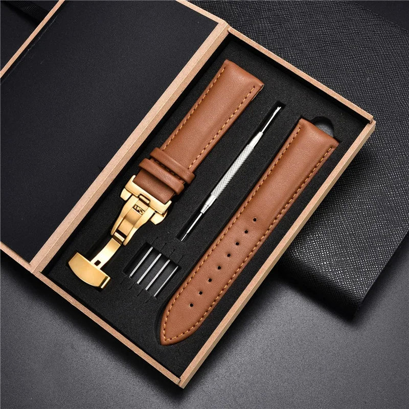 Genuine Leather Watch Strap - 18mm, 20mm, 22mm & 24mm Replacement Band with Butterfly Buckle for Men and Women