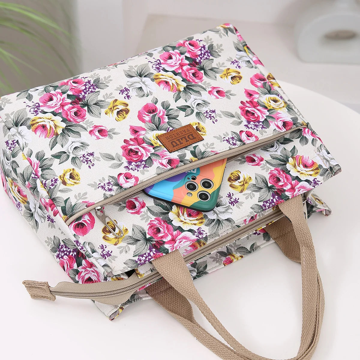 Women’s Floral Print Canvas Tote Bag – Portable Lunch Bag Casual Handbag Bento Mommy Bag for Picnic & Travel