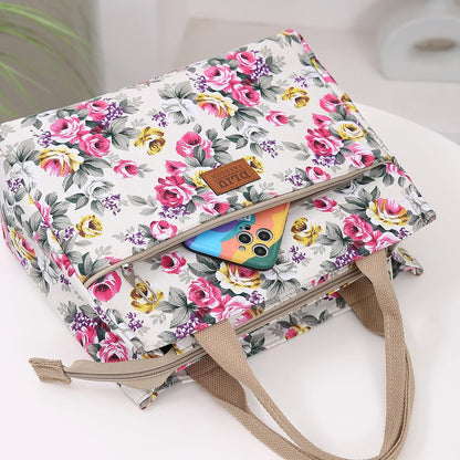 Women’s Floral Print Canvas Tote Bag – Portable Lunch Bag Casual Handbag Bento Mommy Bag for Picnic & Travel