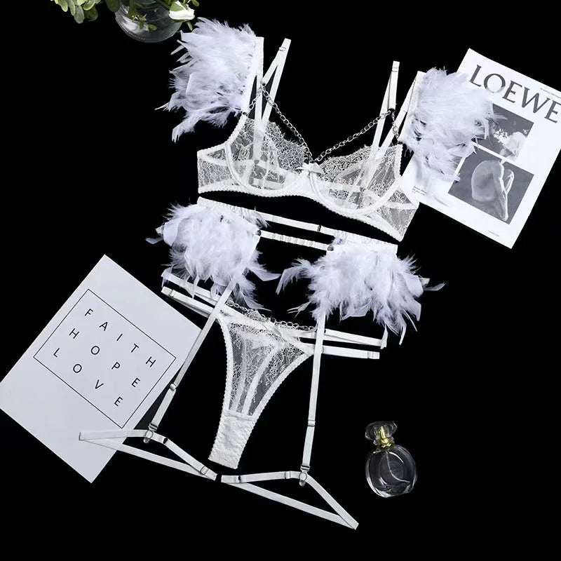 Sexy Lace G-String Lingerie Set - Feather Detail Trikini with Metal Chain and Garter Belt