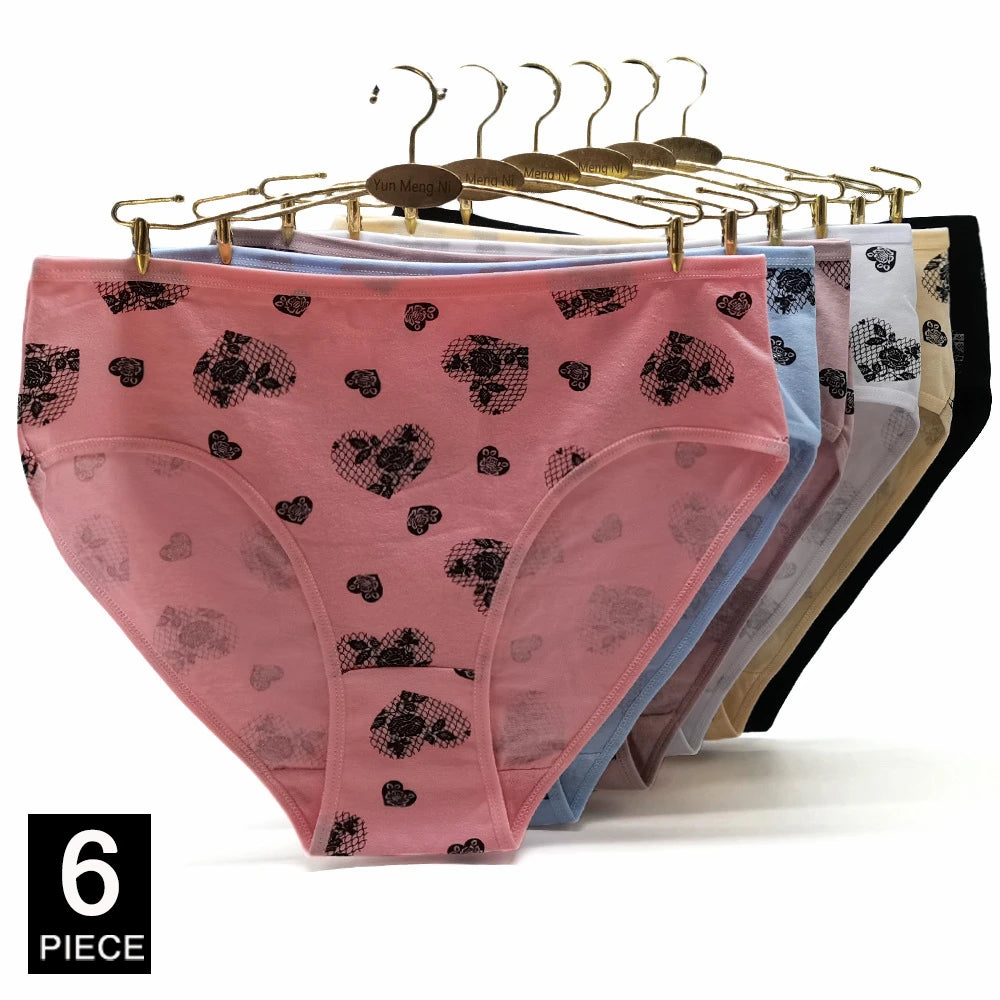 Women’s Cotton Briefs Set - Sexy Print Mid-Rise Plus Size Panties 2XL-4XL Soft Breathable Underwear 6Pcs
