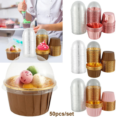 50Pc Foil Cupcake Liners with Lids - Heat Resistant 5.5oz Aluminum Cake Cups - Round Foil Baking Cups for Kitchen Wedding Party Supplies