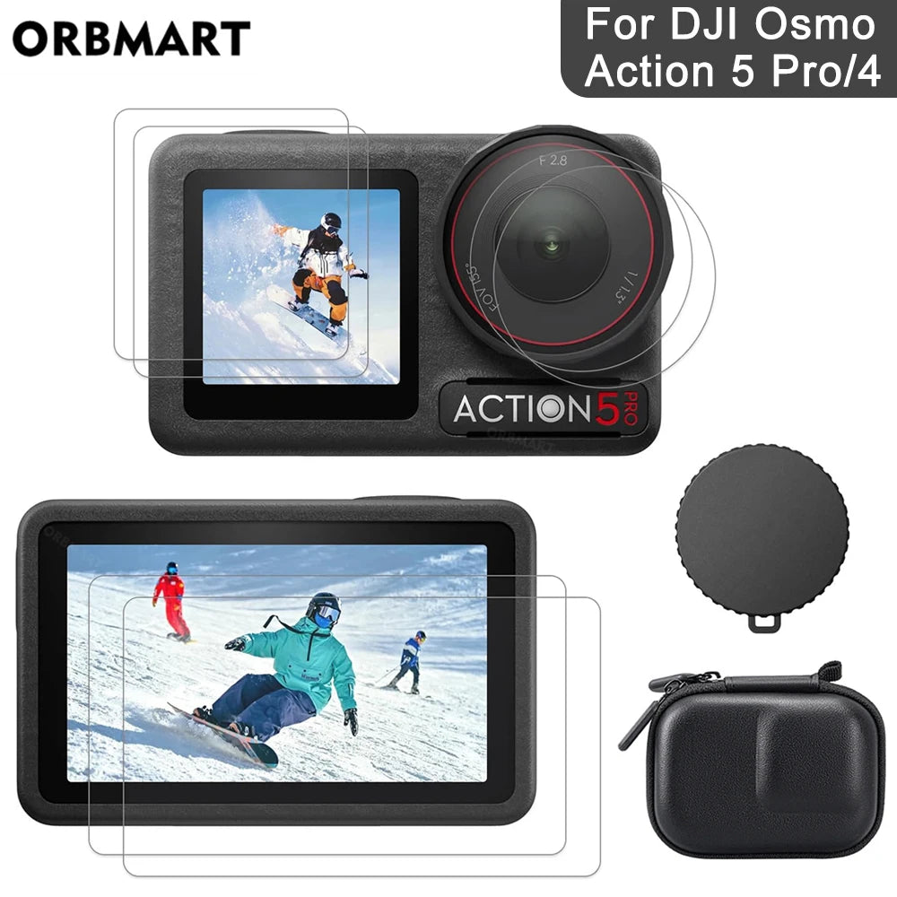 DJI Osmo Action Screen Protector & Lens Cover Kit — Tempered Glass Film with Bag Case for Action 3, 4, 5 Pro Accessories
