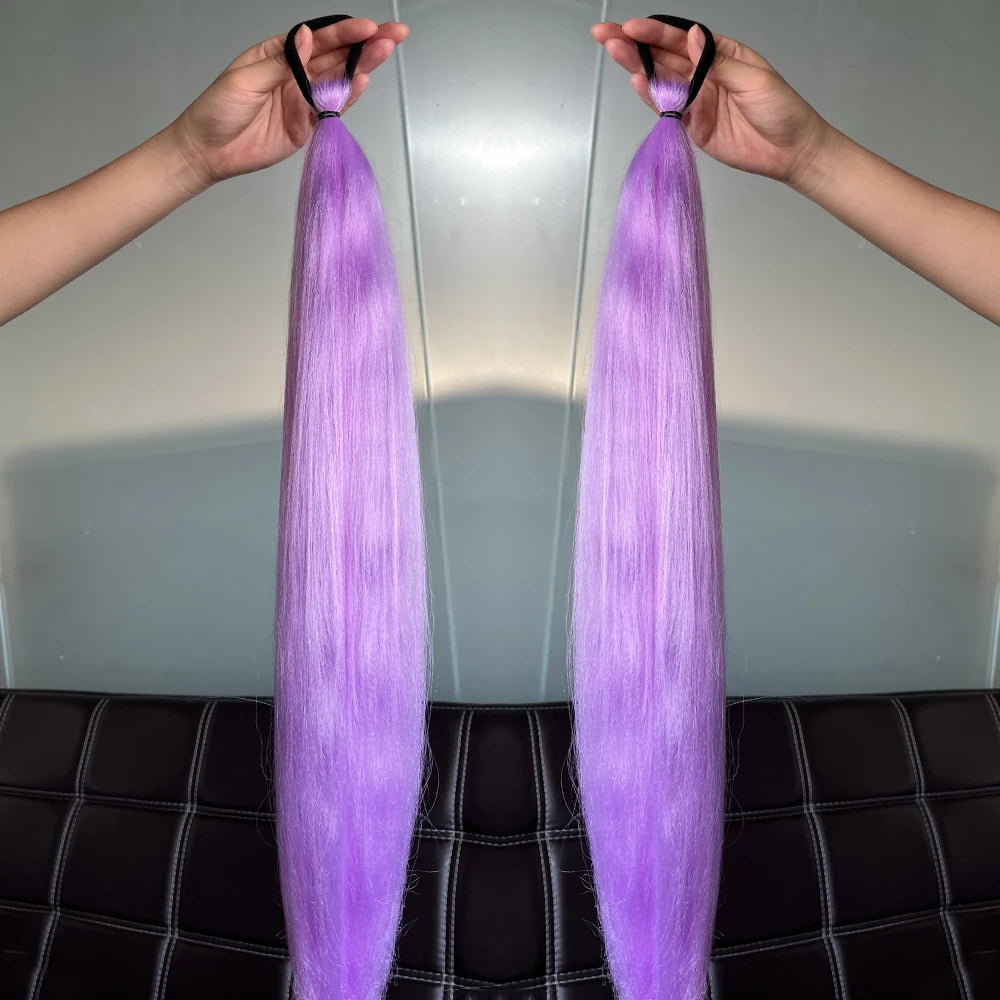 Synthetic Colorful Ponytail Extensions – Long Straight Braided Hairpieces with Rubber Band for Women