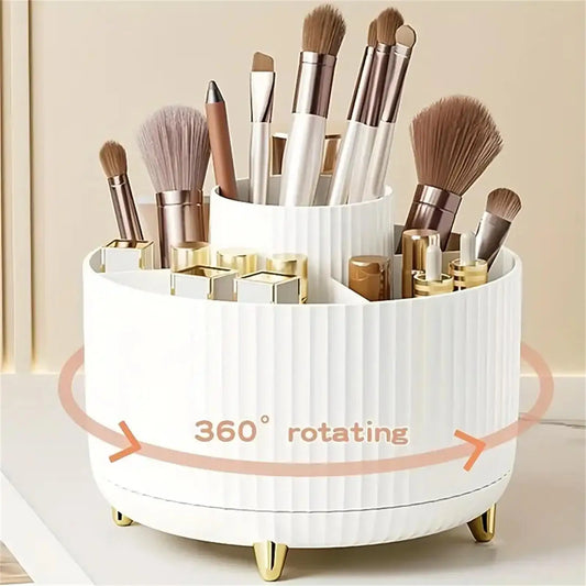 360° Rotating Makeup Organizer - 5 Compartment Plastic Cosmetic Holder for Brushes & Beauty Storage