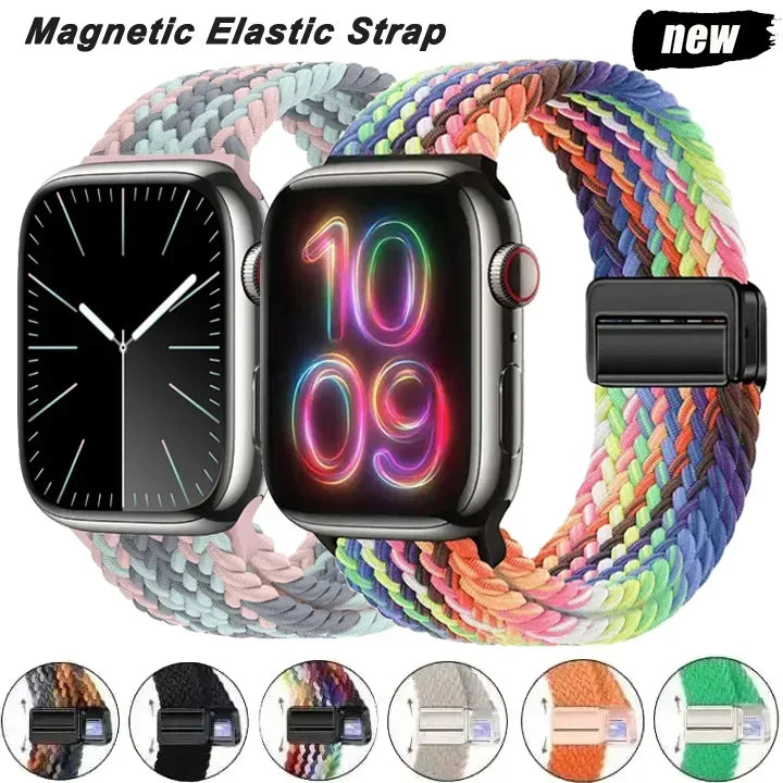 Nylon Braided Loop Apple Watch Band – Magnetic Metal Bracelet Strap for Ultra 2, Series 3–9 & SE (40mm–49mm) Adjustable Wristband