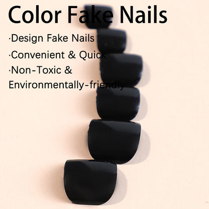 24pcs Black Glossy Press-On Toenails – Full-Cover Square Fake Nails for Women & Girls