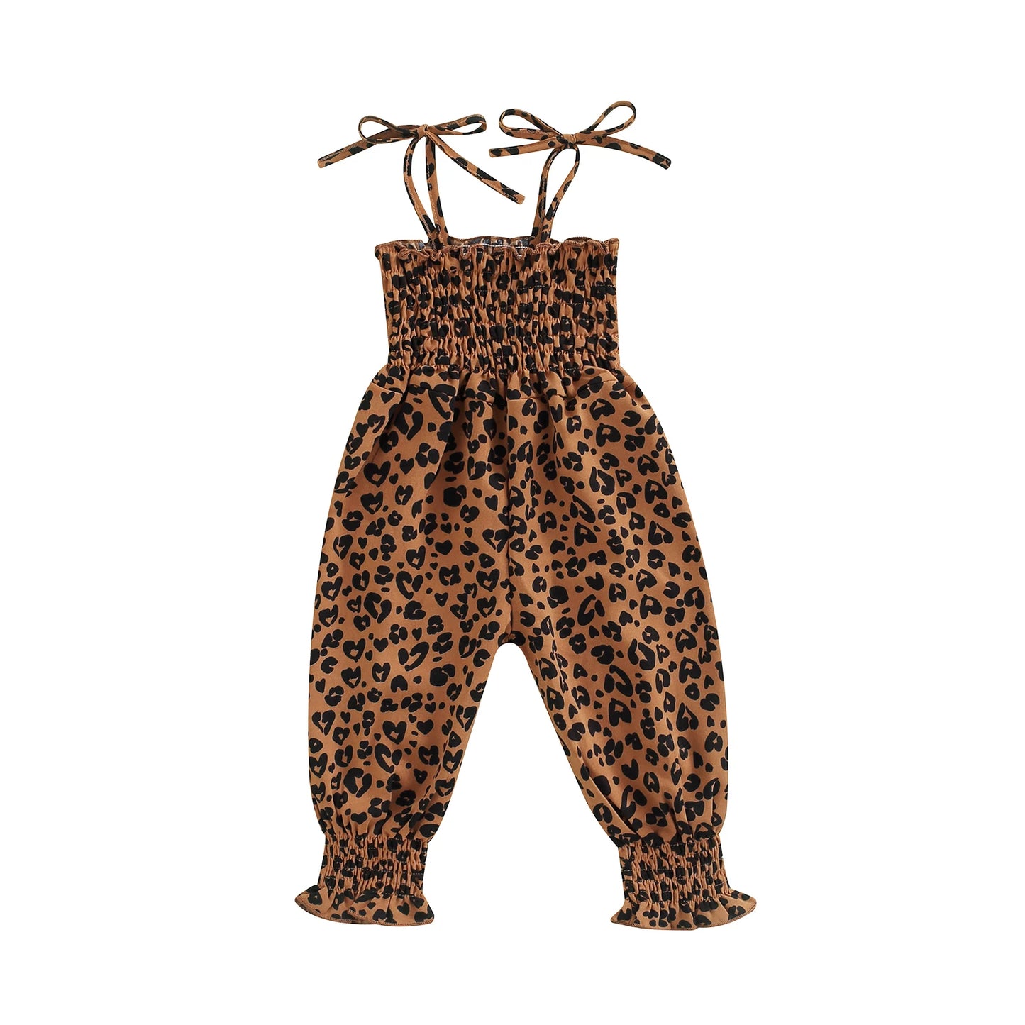 Lioraitiin Toddler Girl Sling Jumpsuit – Heart & Leopard Print Pleated Tie-Up Overalls Romper for Ages 0-4 Years
