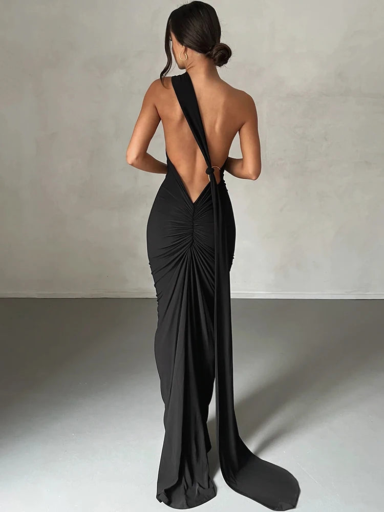 Hugcitar One Shoulder Backless Maxi Dress for Women – Adjustable Scarf Ruched Sexy Elegant Y2K Festival & Streetwear Party Outfit