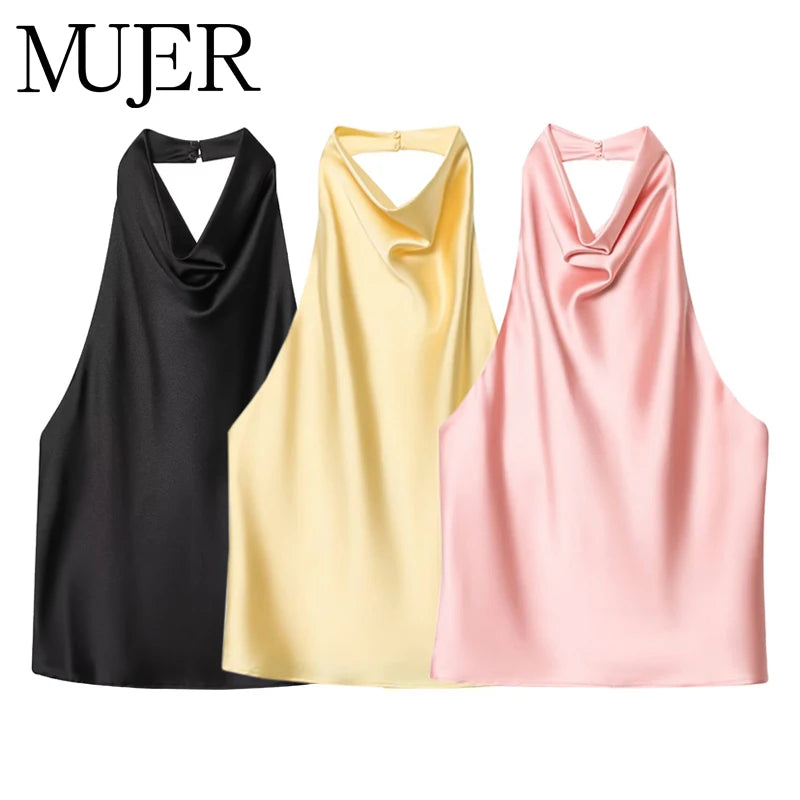 Women's Satin Halter Backless Camisole Top – Off Shoulder Summer Beach Tank Blouse