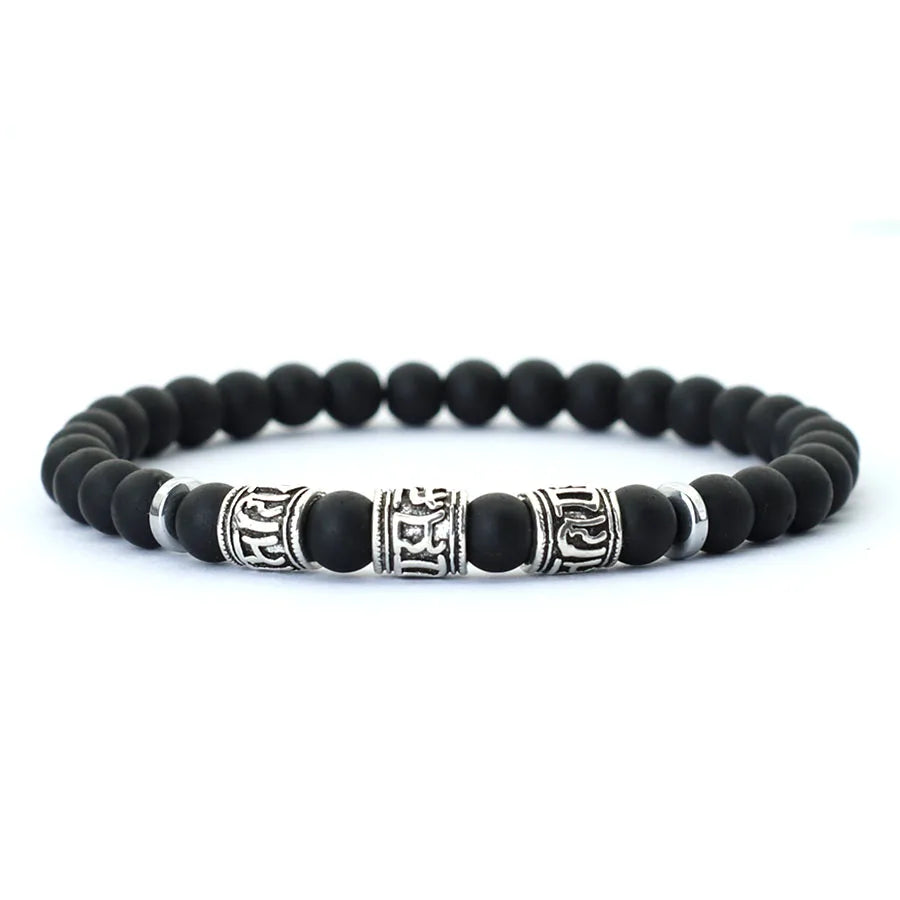 Noter Mantra Bracelet for Men – 6mm Howlite, Lava, and Tiger Eye Beads, Viking Accessories, Tibetan Bracelet