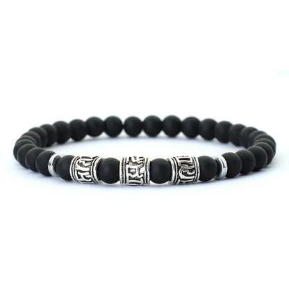 Noter Mantra Bracelet for Men – 6mm Howlite, Lava, and Tiger Eye Beads, Viking Accessories, Tibetan Bracelet