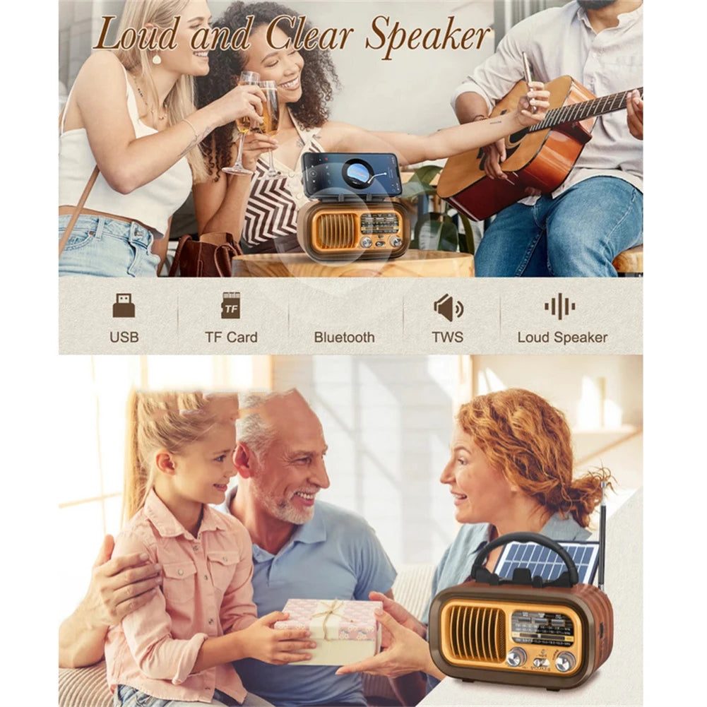 Solar-Powered AM/FM Radio with Bluetooth - Portable Vintage Stereo Speaker, USB Rechargeable with Large Tuning Knob