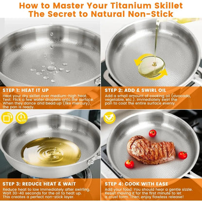 Titanium Steel Frying Pan with Lid - Non-Stick Uncoated Fish Scale Hammer Pattern Titanium Alloy Kitchen Cookware
