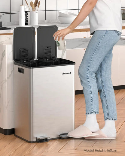 2 x 8 Gallon Stainless Steel Kitchen Trash & Recycling Bin – Dual Compartment with Soft-Close Lid