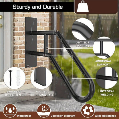 Matte Black U-Shaped Metal Handrail – Wall-Mounted Outdoor Stair Grab Rail, Modern Entryway Safety Railing