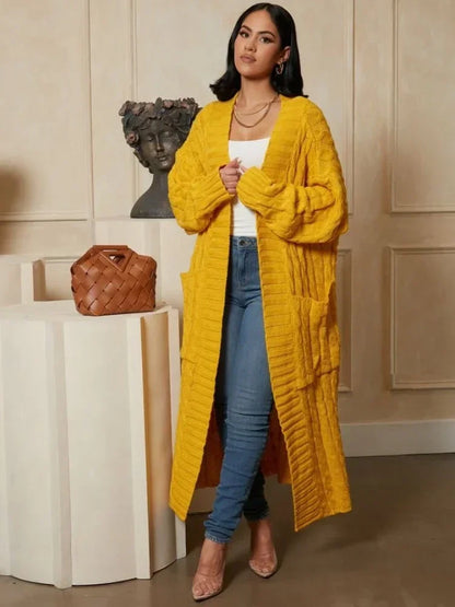 Women’s Yellow Knitted Cardigan – Long Sleeve Crochet Sweater Jacket for Autumn & Winter