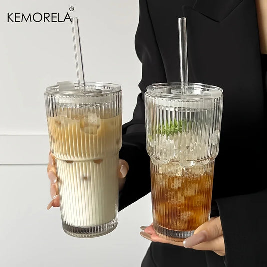 600ML Striped Glass Coffee Cup with Lid and Straw – Transparent Drinking Glasses for Juice, Milk, Tea | Iced Coffee Mug Drinkware