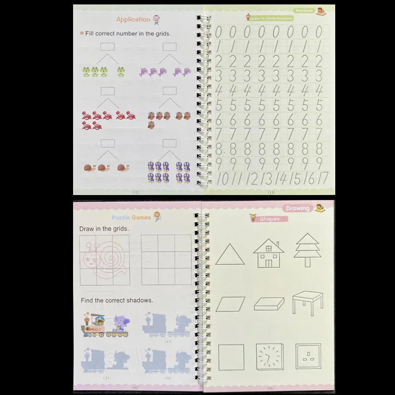 4-Piece Magic Practice Copybook Set with Pen — Reusable English Calligraphy Writing Book for Kids & Preschoolers