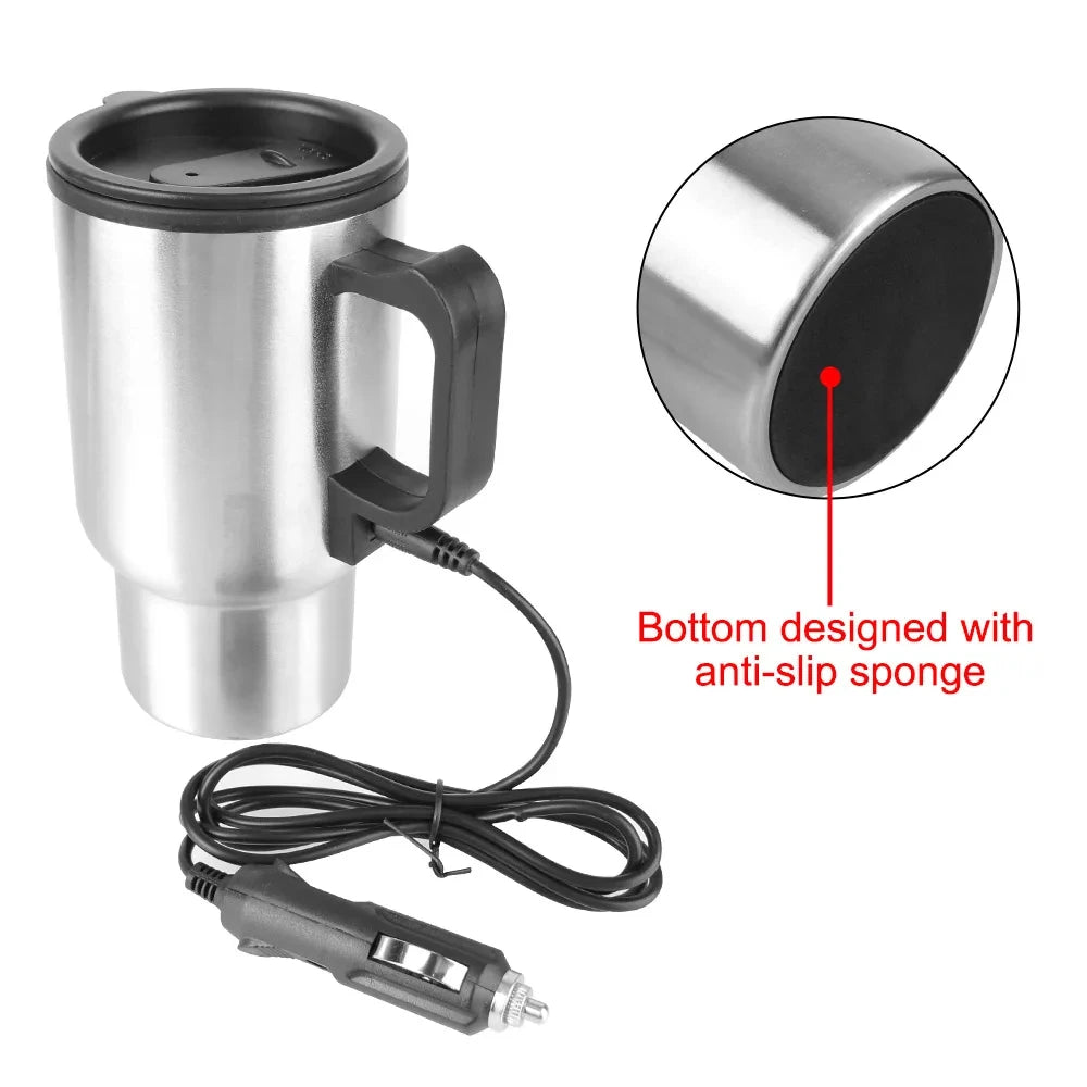 12V Electric Heating Car Kettle - 450ml Stainless Steel Thermal Mug for Water, Coffee, Milk - Travel & Camping