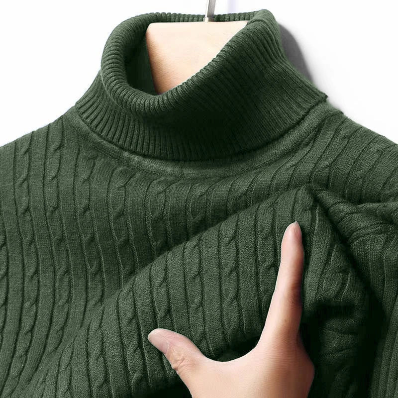 Men's Autumn Ribbed Turtleneck Sweater - Warm Fitted Jacquard Striped Knitted Long Sleeve Pullover Top