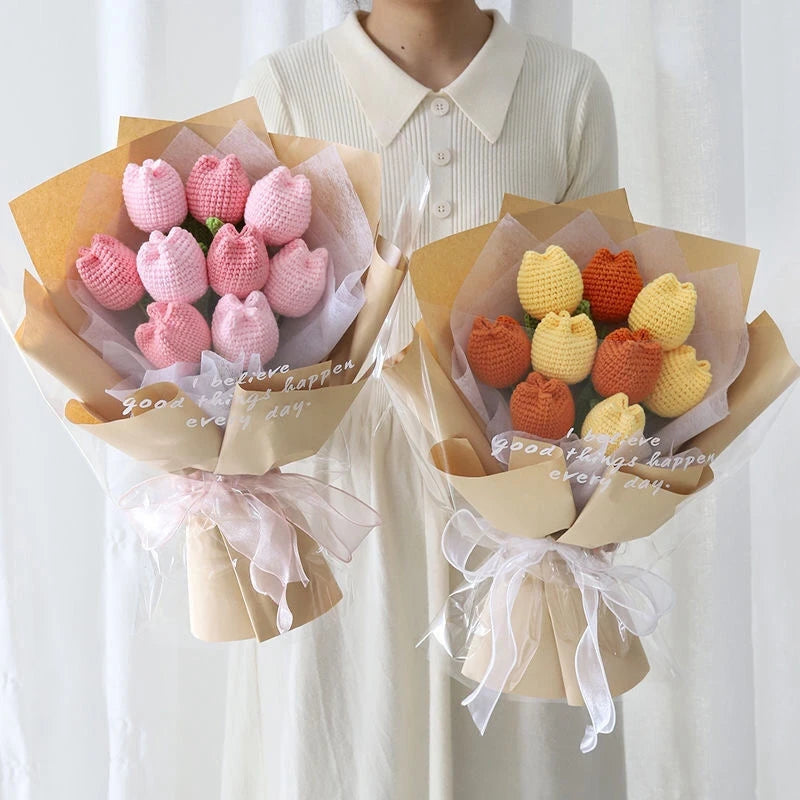 Tulip & Sunflower Knitting Flower Bouquet – Handcrafted Crochet Carnations, DIY Handmade Fake Flowers for Decor