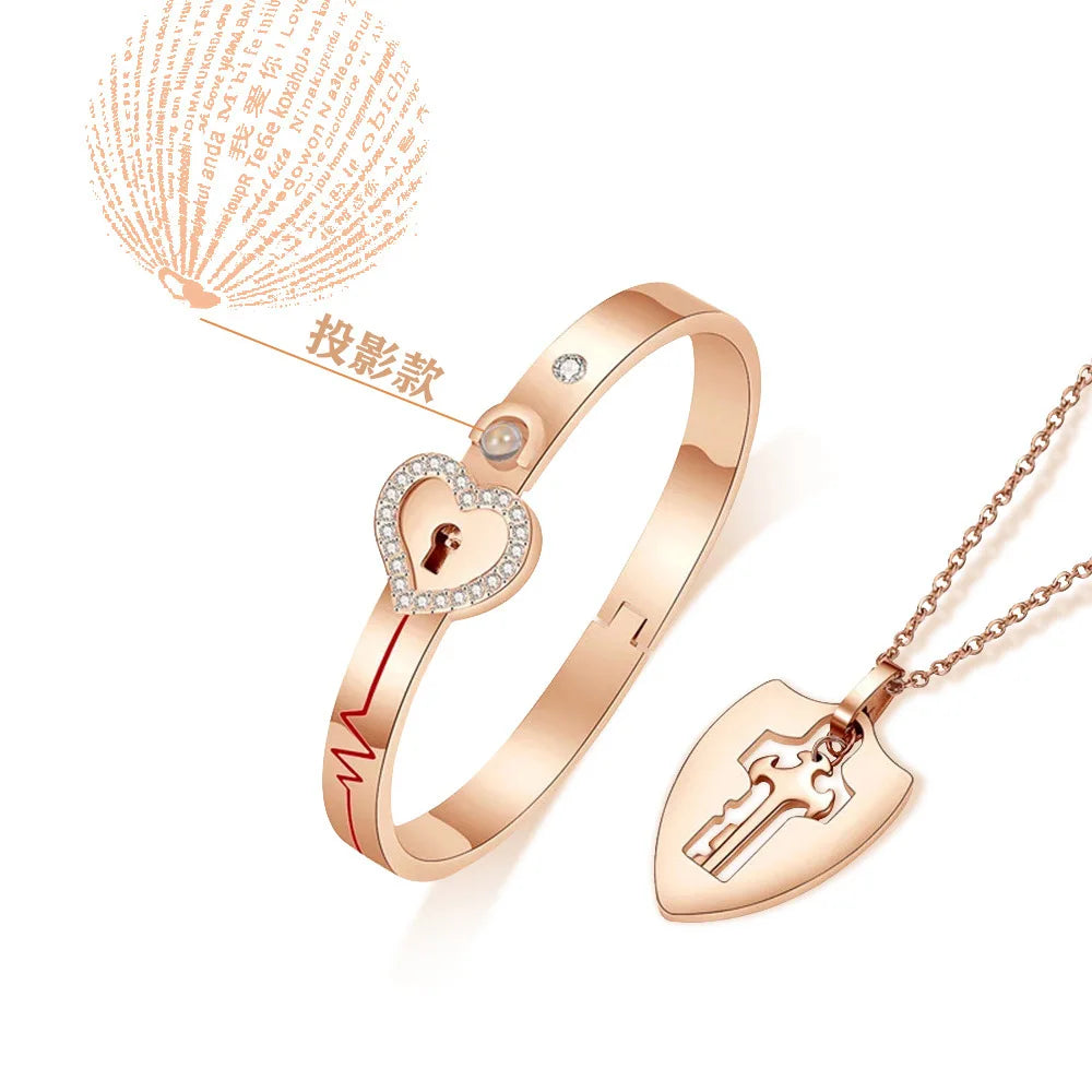 Couple Stainless Steel Love Lock Bracelet with Key Pendant Necklace – Romantic Jewelry Gift for Men and Women