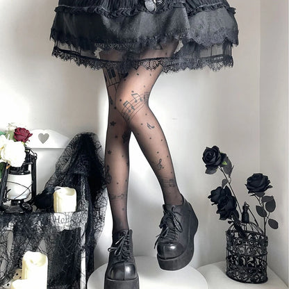 Musical Note Black Tights - Y2K Lolita Printed Stockings for Women, Party & Club Pantyhose