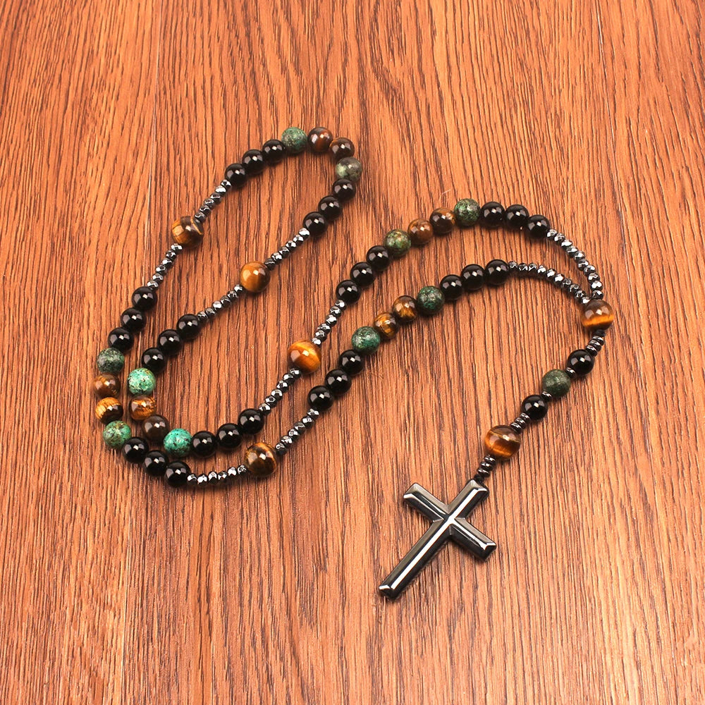Natural Stone African Turquoise & Tiger Eye Rosary Necklace – Beaded Cross Pendant Religious Jewelry for Men & Women Spiritual Gift
