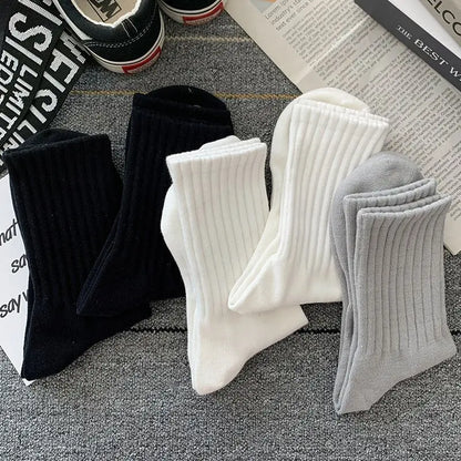 5 Pairs Cool Men's Socks Set – Black & White, Warm Autumn/Winter Sport Short Socks, Solid Color for Men