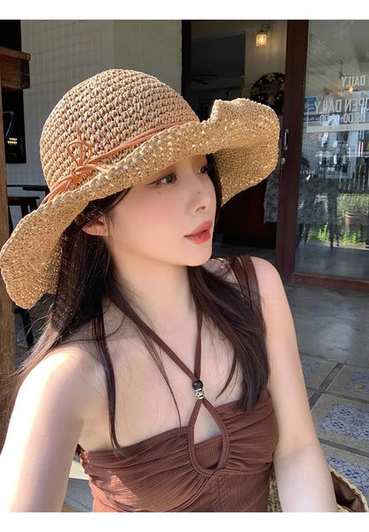 Women’s Holiday Beach Sun Hat – Large Brim Woven Straw Fisherman Hat with Bow, Seaside Sun Protection Panama Chapeau Korean Style