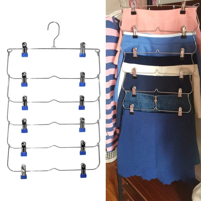 6-Layer Clothes Hangers: Multilayer Skirt Trouser Hanger with Non-Slip Metal Clips - Clothing Storage Rack Holder