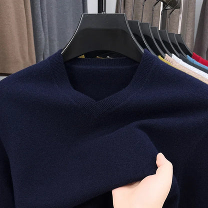 Men's V-Neck Knit Sweater - Solid Color Warm Elastic Oversized Autumn Pullover Casual Top