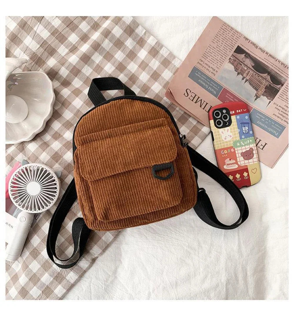 Women's Mini Backpack - Fashionable Solid Color Corduroy Casual Schoolbag with Large Capacity