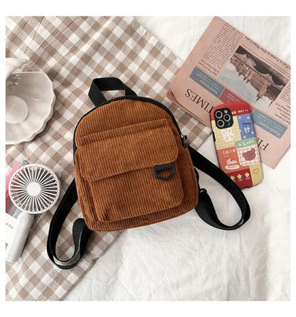 Women's Mini Backpack - Fashionable Solid Color Corduroy Casual Schoolbag with Large Capacity