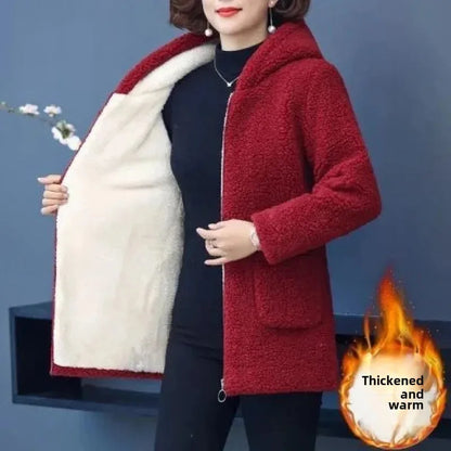 Women’s Thickened Hooded Cotton Jacket – Fleece-Lined Winter Coat, Warm Mommy-Style Outerwear by AE Stock