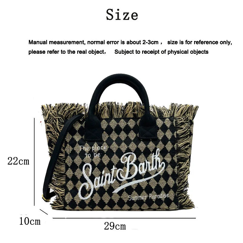 SAINT BARTH Houndstooth Crossbody Bag – Small Cotton Linen Handmade Tote with Tassels for Women
