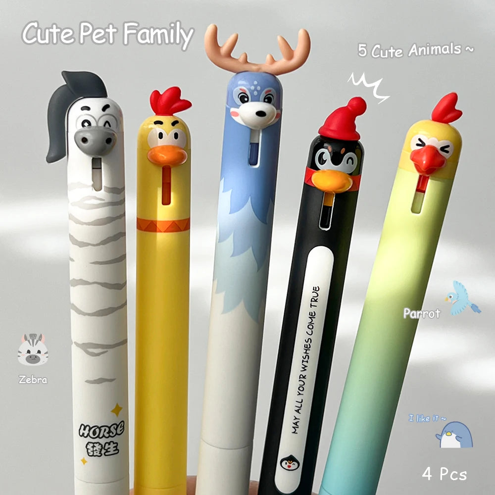 4-Piece Cute Animal Gel Pen Set - 0.5mm Quick-Drying Black Ink Pens with Baby Chicken & Penguin Designs