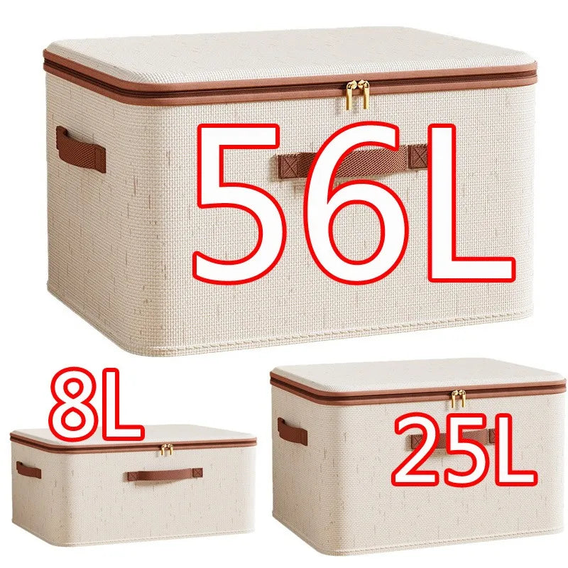 Large Household Storage Box – Heavy-Duty Hard Shell Cotton Linen Organizer with Zipper Lid for Clothes, Toys & Blankets