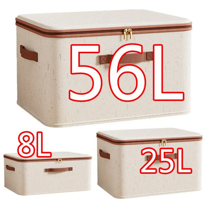 Large Household Storage Box – Heavy-Duty Hard Shell Cotton Linen Organizer with Zipper Lid for Clothes, Toys & Blankets