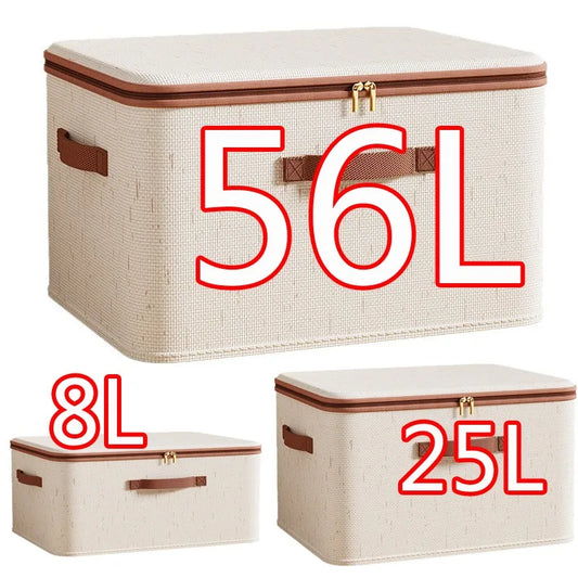 Large Household Storage Box – Heavy-Duty Hard Shell Cotton Linen Organizer with Zipper Lid for Clothes, Toys & Blankets