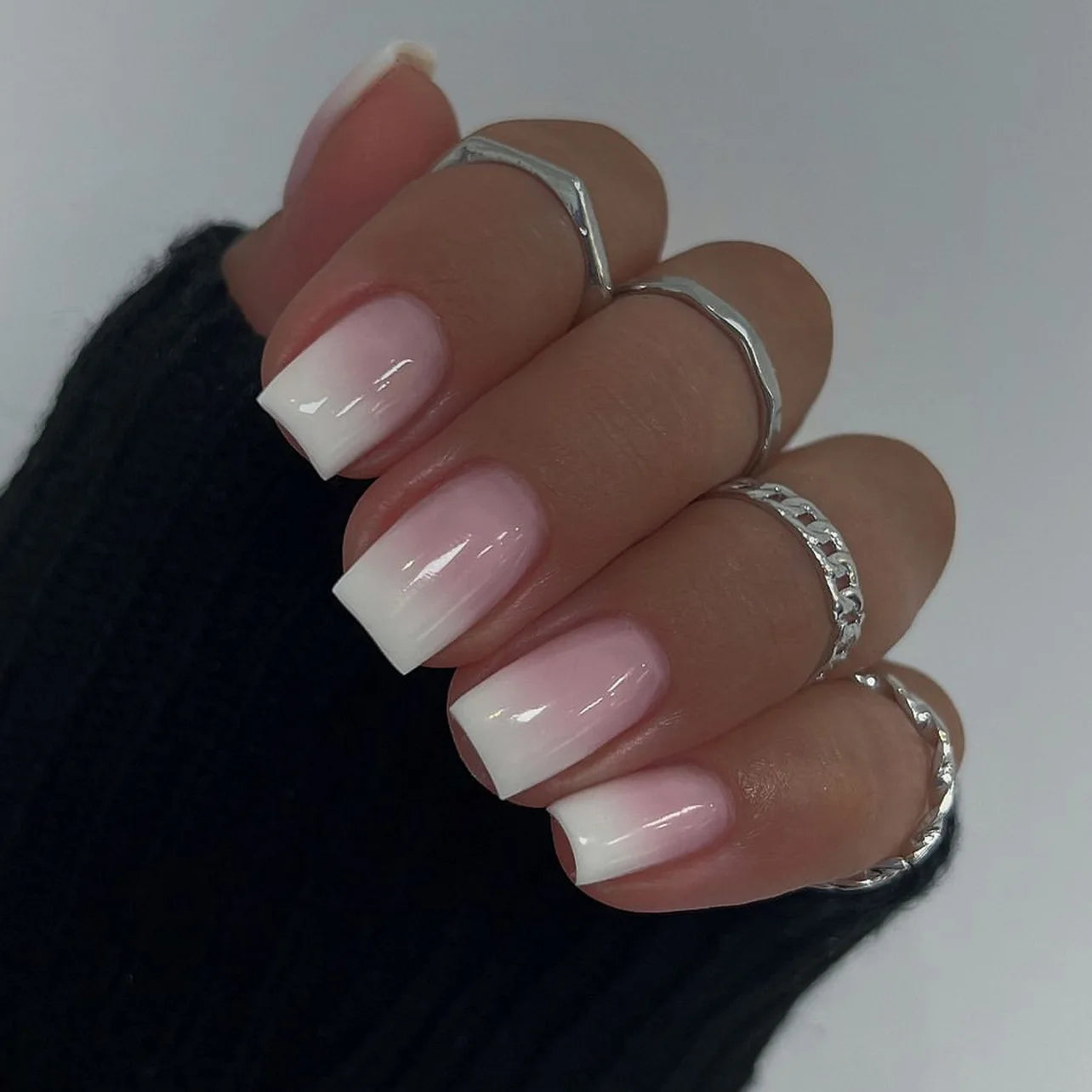 24Pcs Square Press On Nails - Nude White Gradient French False Nail Tips with Full Cover Short Design
