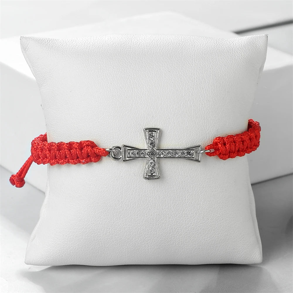 Crystal Cross Pendant Bracelet - Red & Black Braided Prayer Rope Jewelry Gift for Men & Women