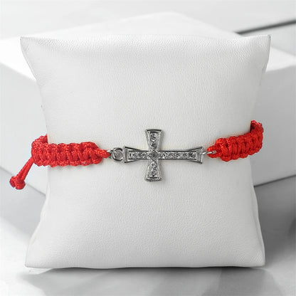 Crystal Cross Pendant Bracelet - Red & Black Braided Prayer Rope Jewelry Gift for Men & Women
