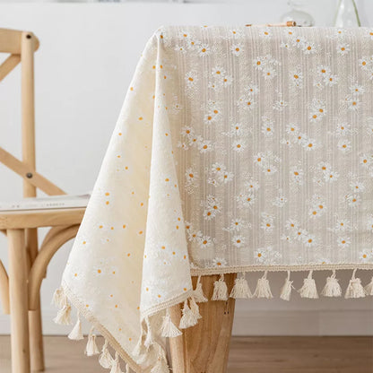 Charming Korean Style Small Daisy Cotton Tablecloth - Elegant Floral Rectangle Cover for Tea Tables, Kitchen, Wedding, and Dining Room Decor