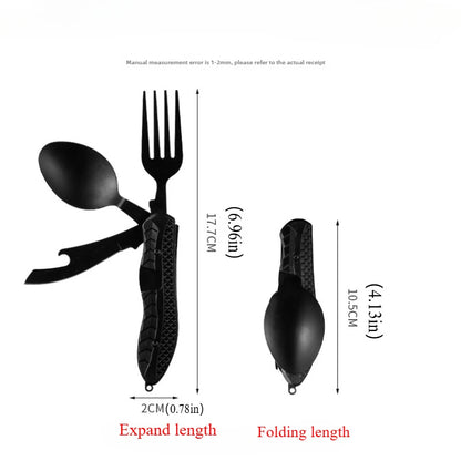 Portable Stainless Steel Camping Cutlery Set – Foldable Spoon, Fork, Knife & Bottle Opener Multitool